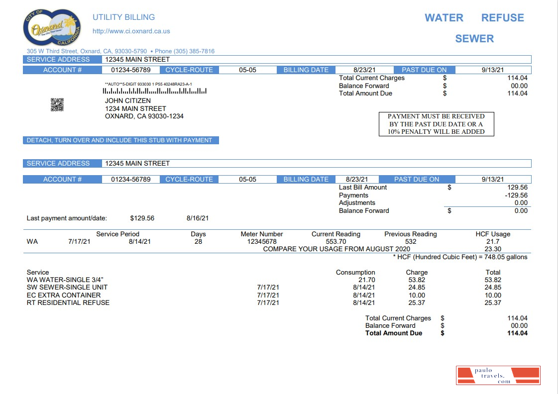 USA California City of Oxnard utility bill template in Word and PDF format